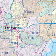 Colorcast Zip Code Style Wall Map of Fort Worth, TX