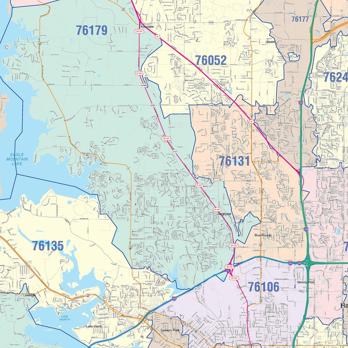 Colorcast Zip Code Style Wall Map of Fort Worth, TX