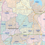 Colorcast Zip Code Style Wall Map of Fort Worth, TX