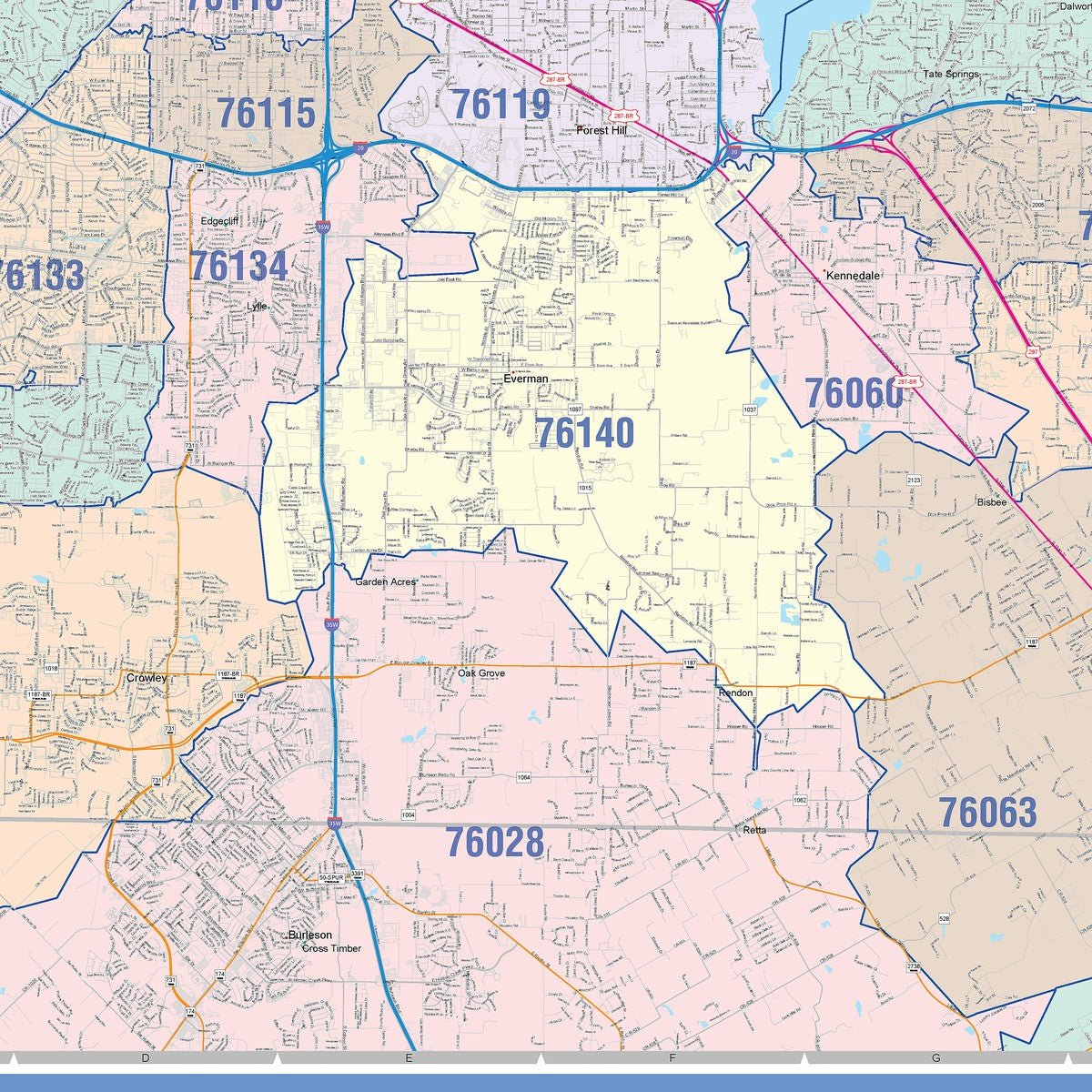 Colorcast Zip Code Style Wall Map of Fort Worth, TX