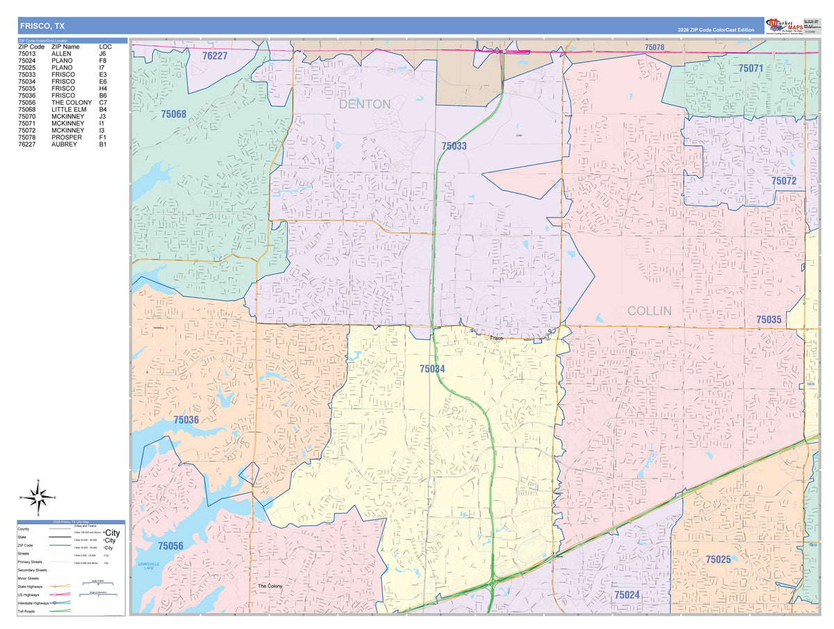 Colorcast Zip Code Style Wall Map of Frisco, TX