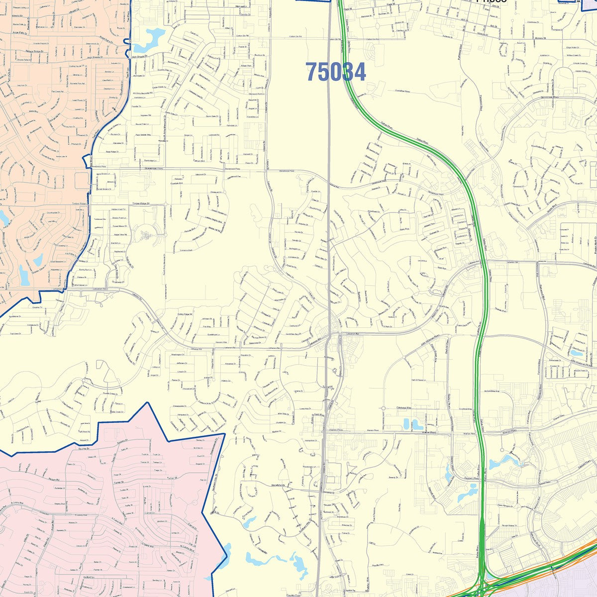 Colorcast Zip Code Style Wall Map of Frisco, TX