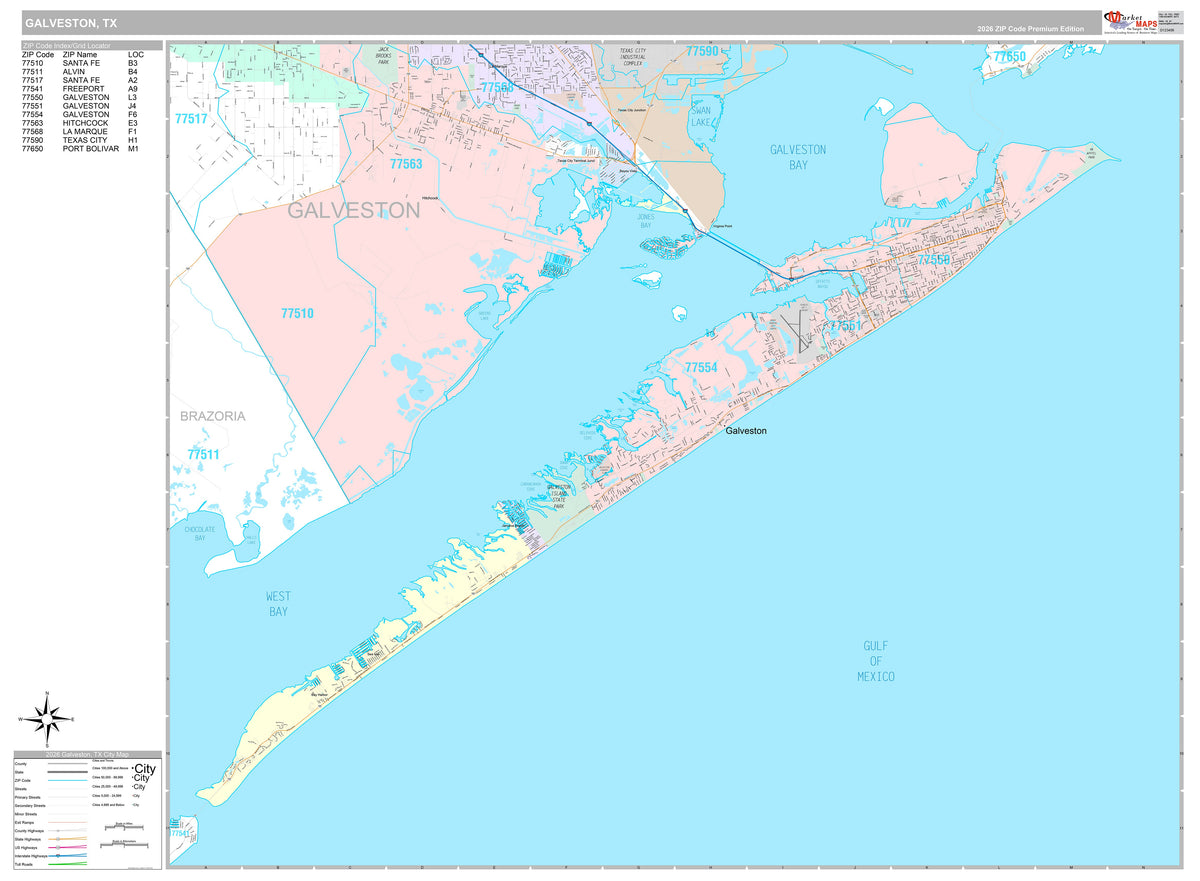 Premium Style Wall Map of Galveston, TX
