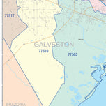 Colorcast Zip Code Style Wall Map of Galveston, TX