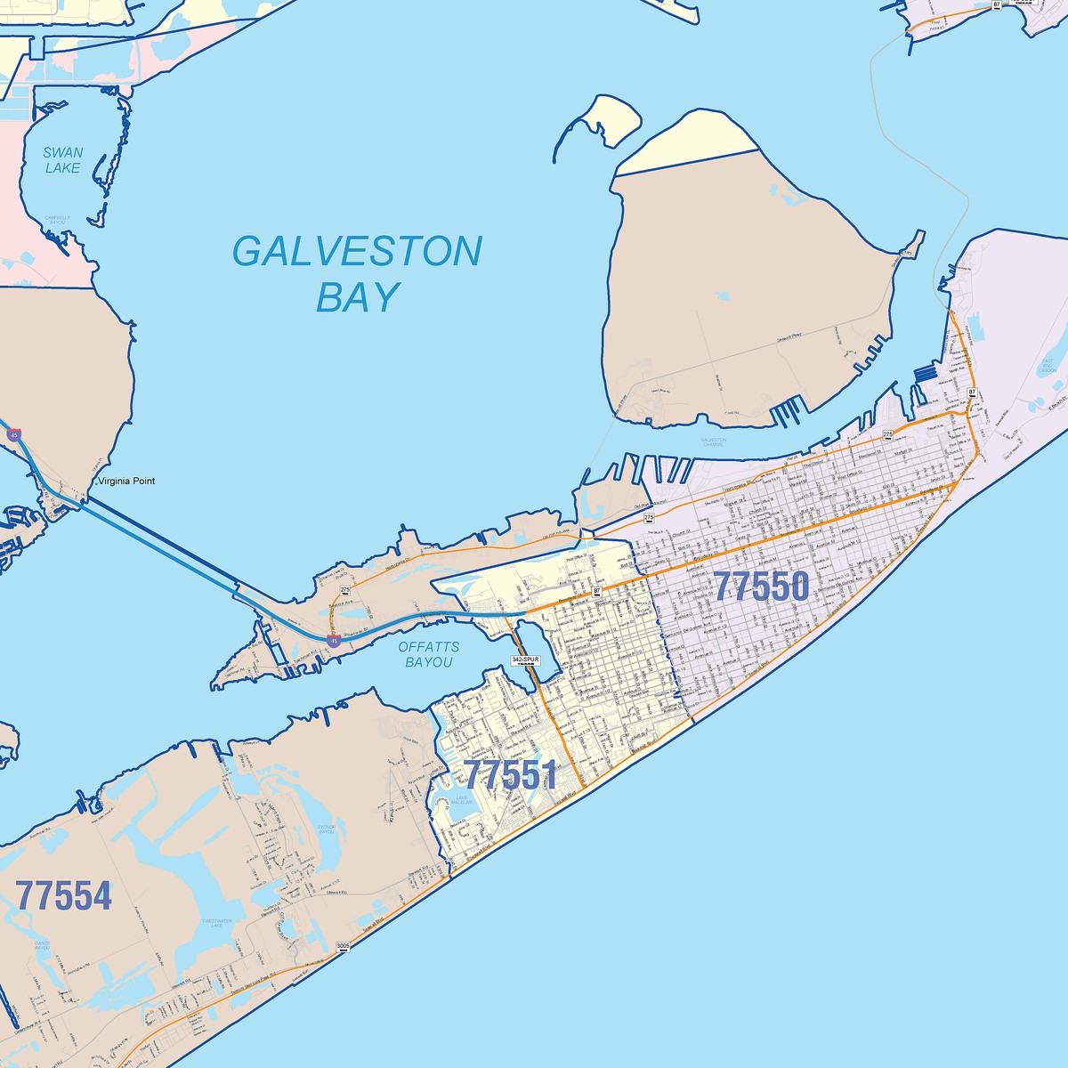 Colorcast Zip Code Style Wall Map of Galveston, TX
