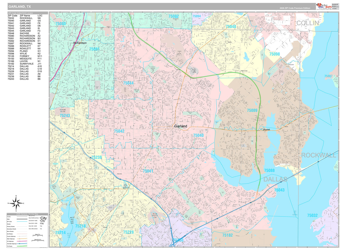 Premium Style Wall Map of Garland, TX