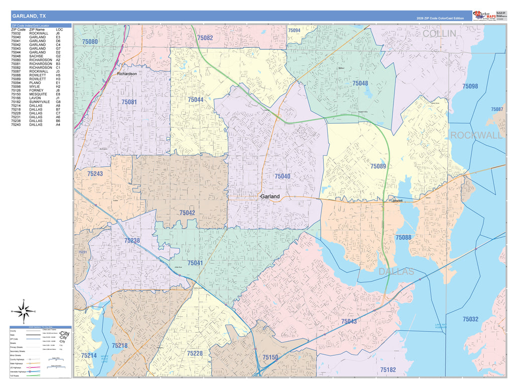 Colorcast Zip Code Style Wall Map of Garland, TX – Texas Map Store