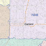 Colorcast Zip Code Style Wall Map of Garland, TX