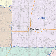 Colorcast Zip Code Style Wall Map of Garland, TX