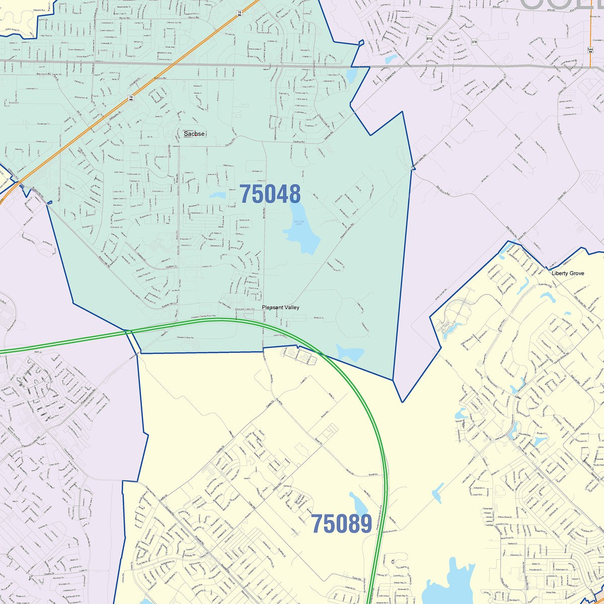 Colorcast Zip Code Style Wall Map of Garland, TX