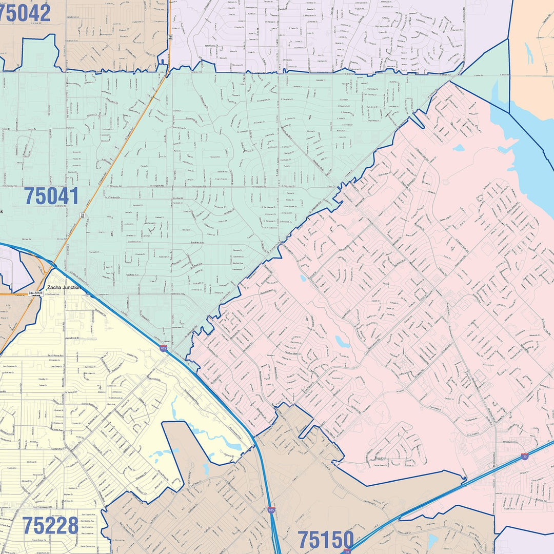 Colorcast Zip Code Style Wall Map of Garland, TX – Texas Map Store