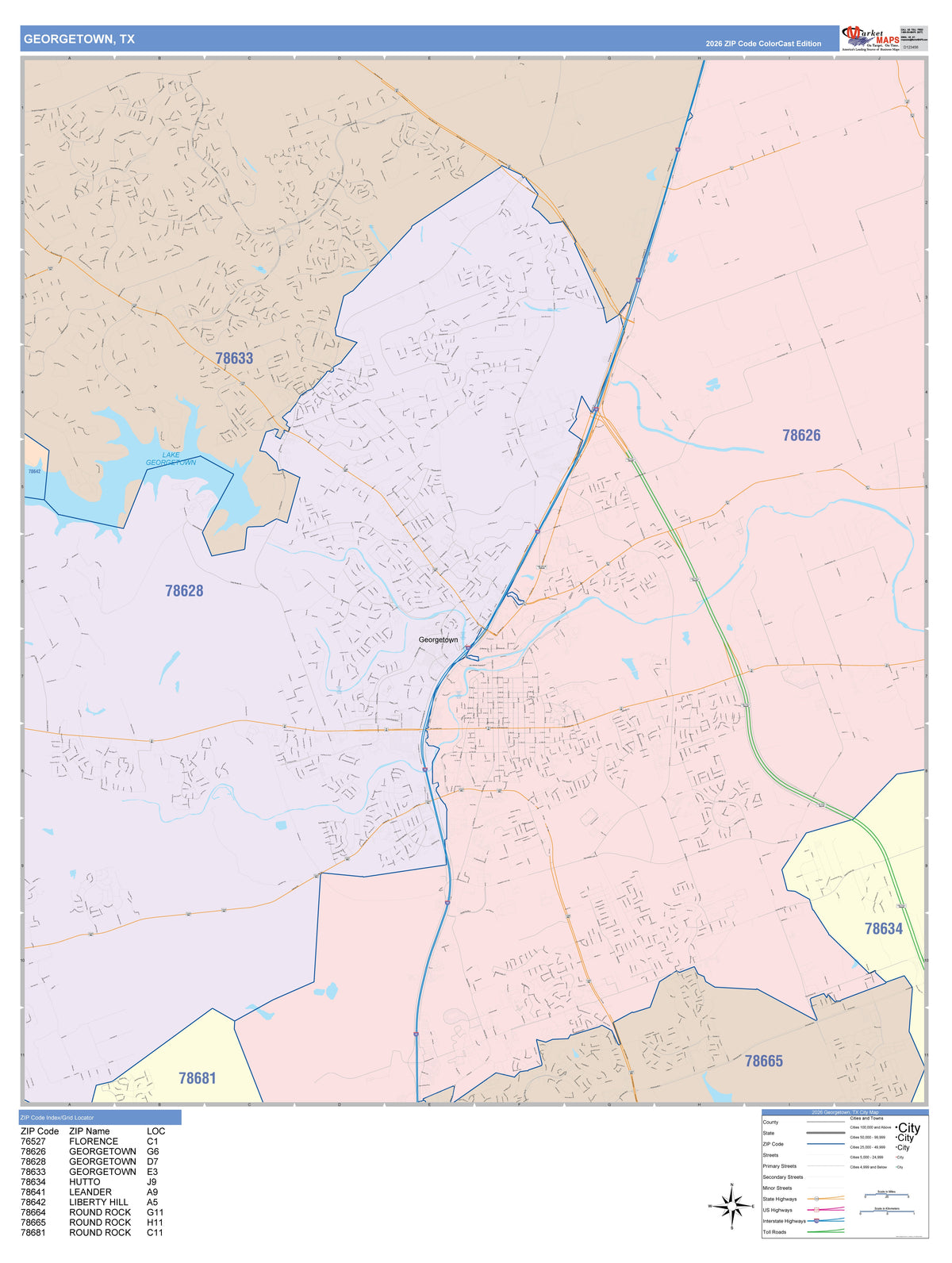 Colorcast Zip Code Style Wall Map of Georgetown, TX