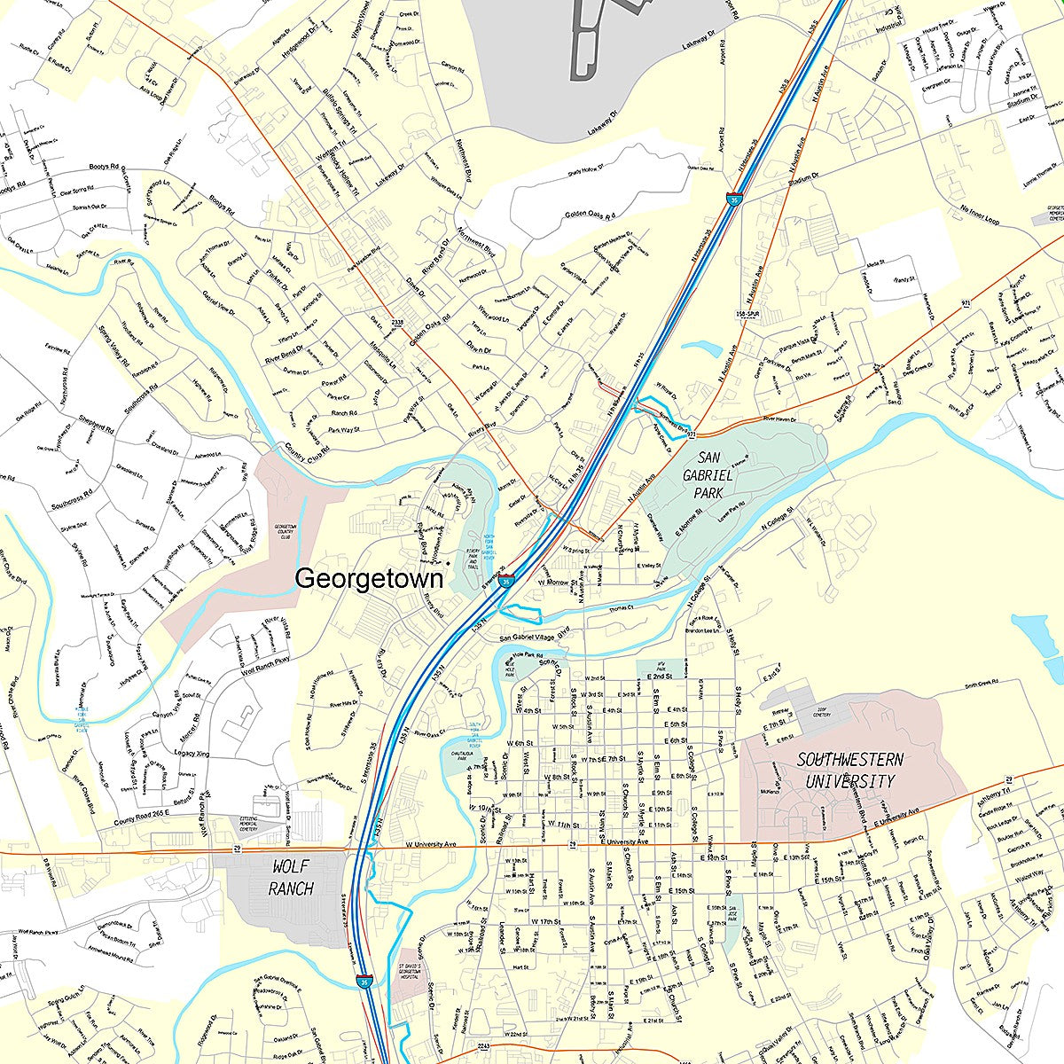 Premium Style Wall Map of Georgetown, TX