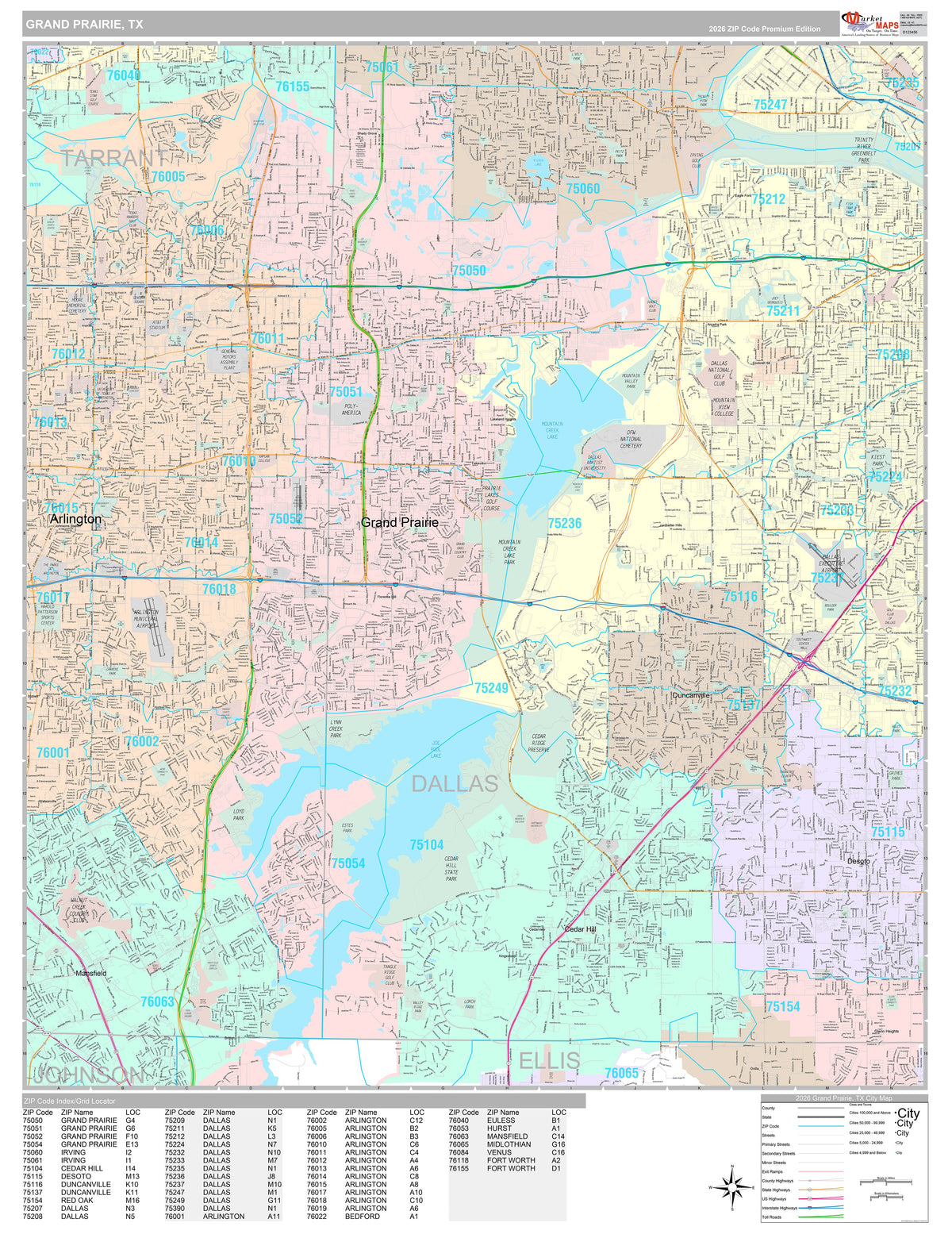 Premium Style Wall Map of Grand Prairie, TX