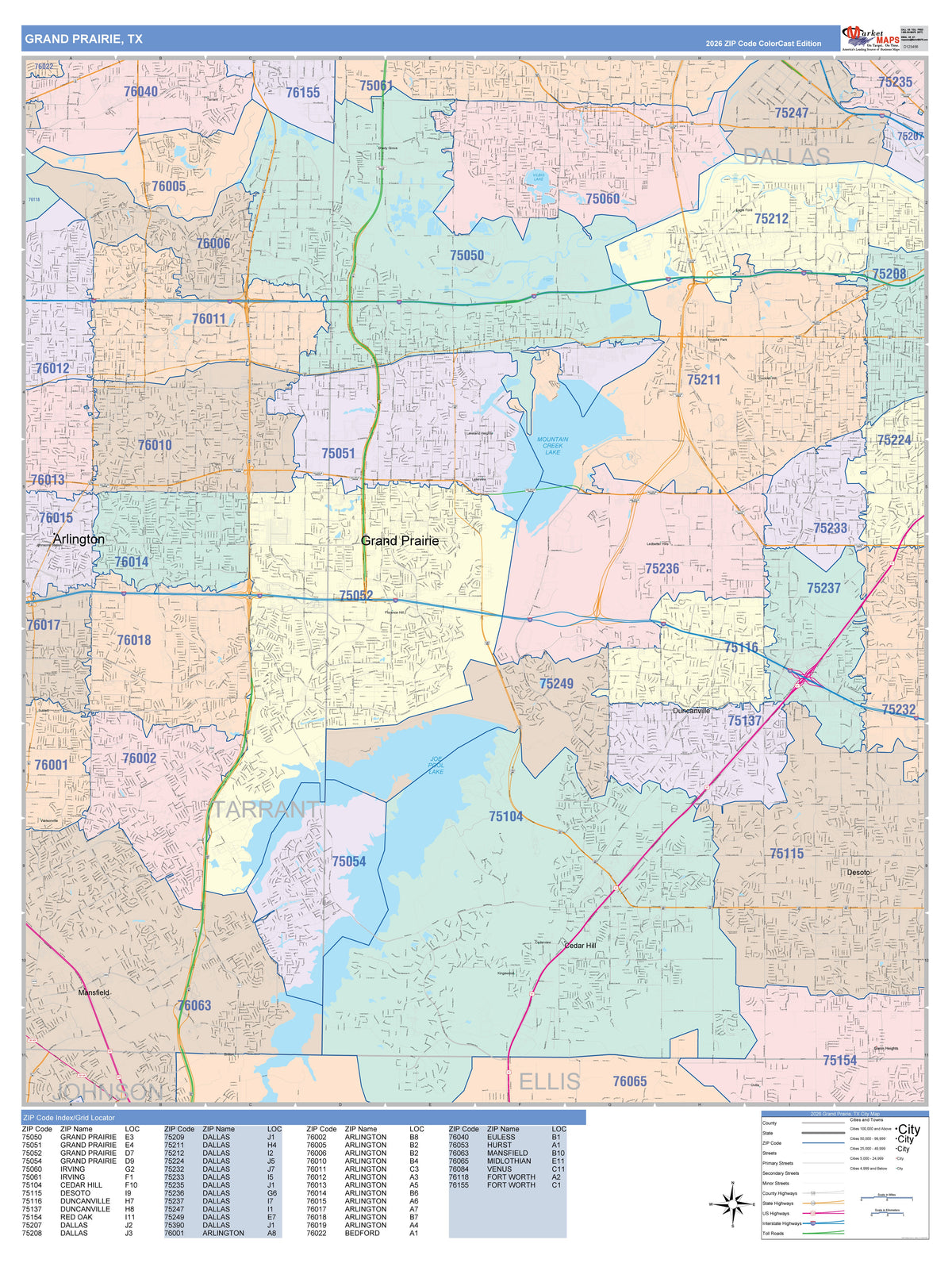 Colorcast Zip Code Style Wall Map of Grand Prairie, TX