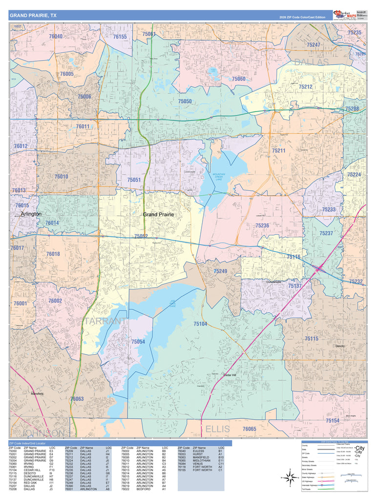 Colorcast Zip Code Style Wall Map of Grand Prairie, TX – Texas Map