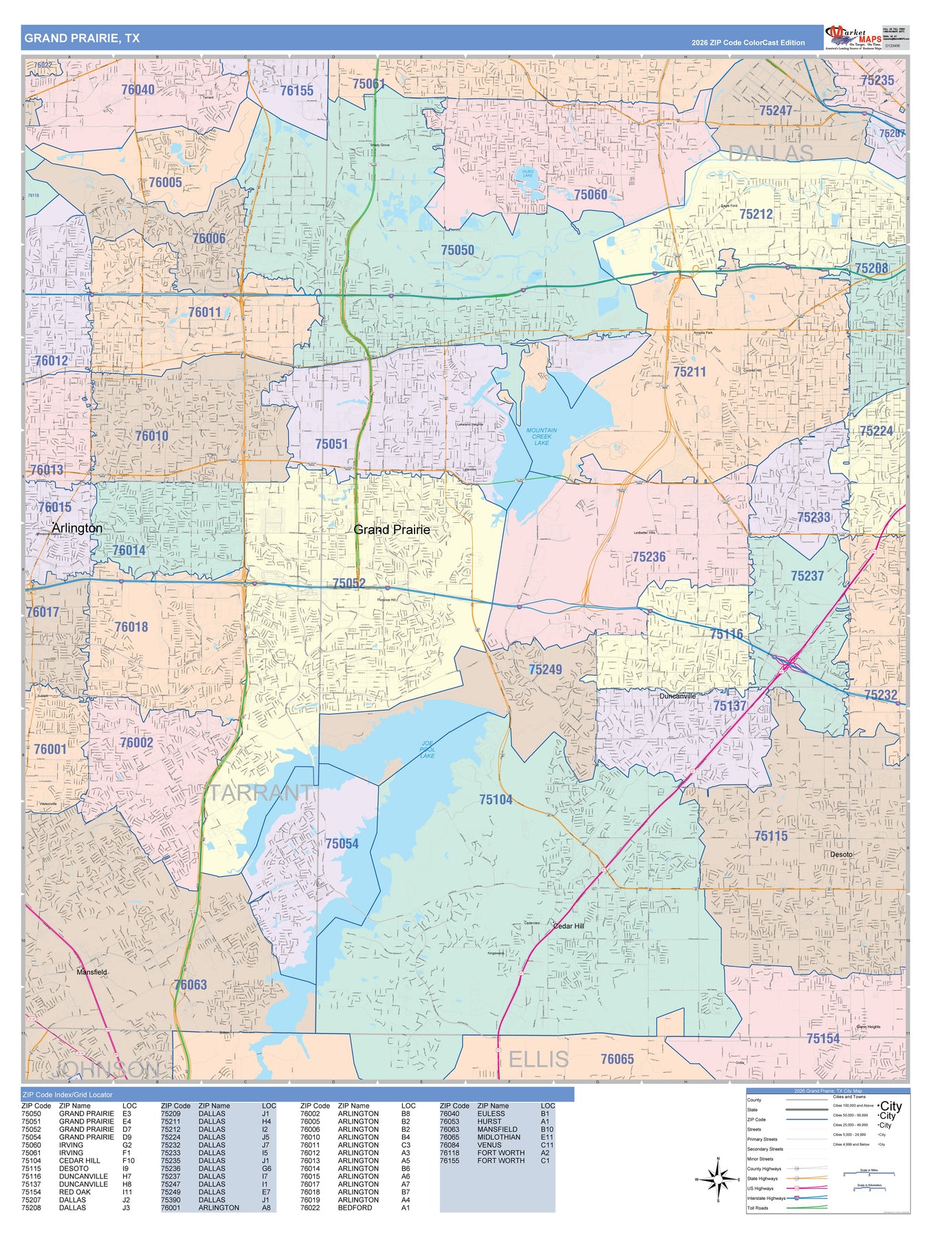 Colorcast Zip Code Style Wall Map of Grand Prairie, TX – Texas Map