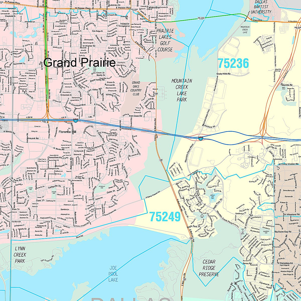 Premium Style Wall Map of Grand Prairie, TX