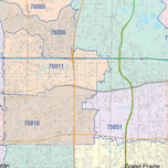 Colorcast Zip Code Style Wall Map of Grand Prairie, TX
