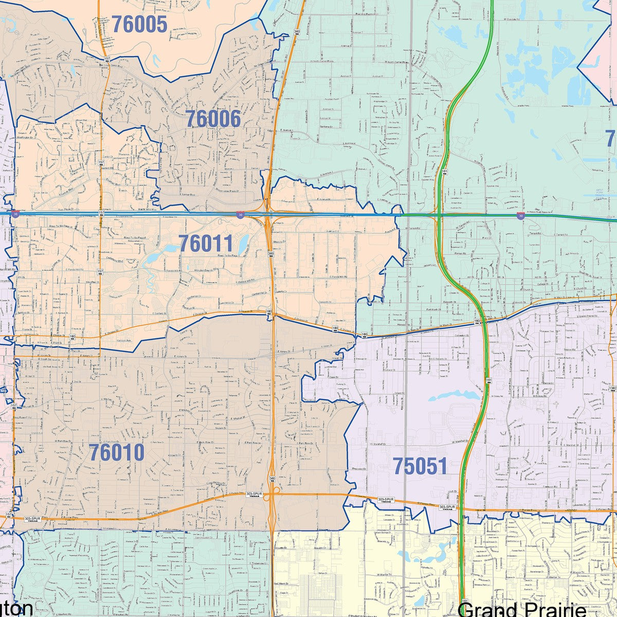 Colorcast Zip Code Style Wall Map of Grand Prairie, TX