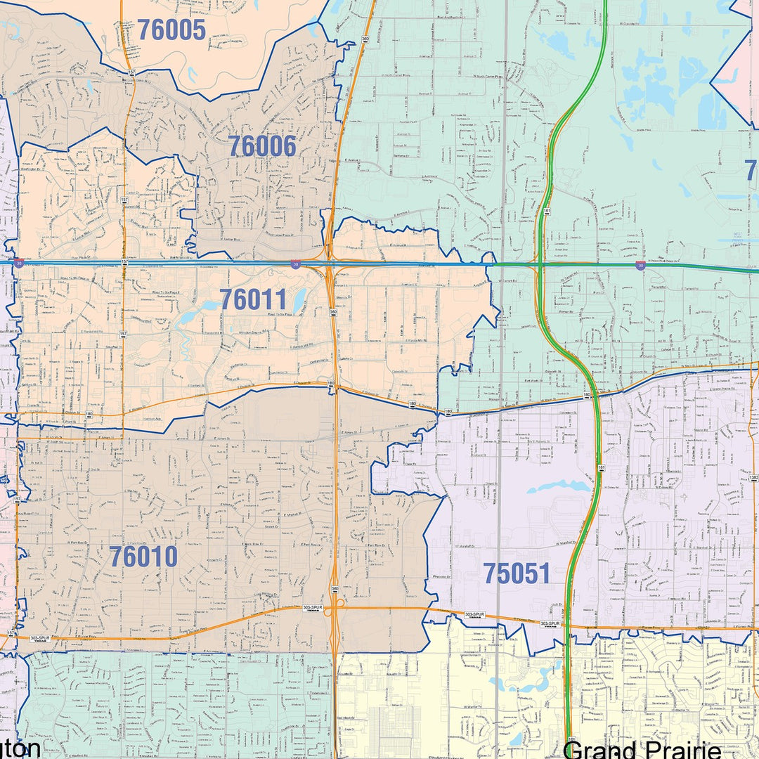 Colorcast Zip Code Style Wall Map of Grand Prairie, TX – Texas Map
