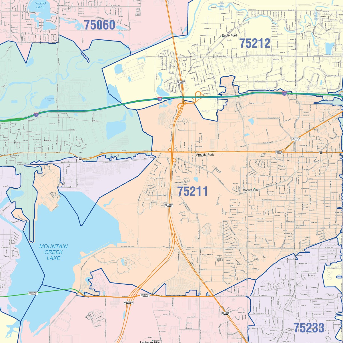 Colorcast Zip Code Style Wall Map of Grand Prairie, TX