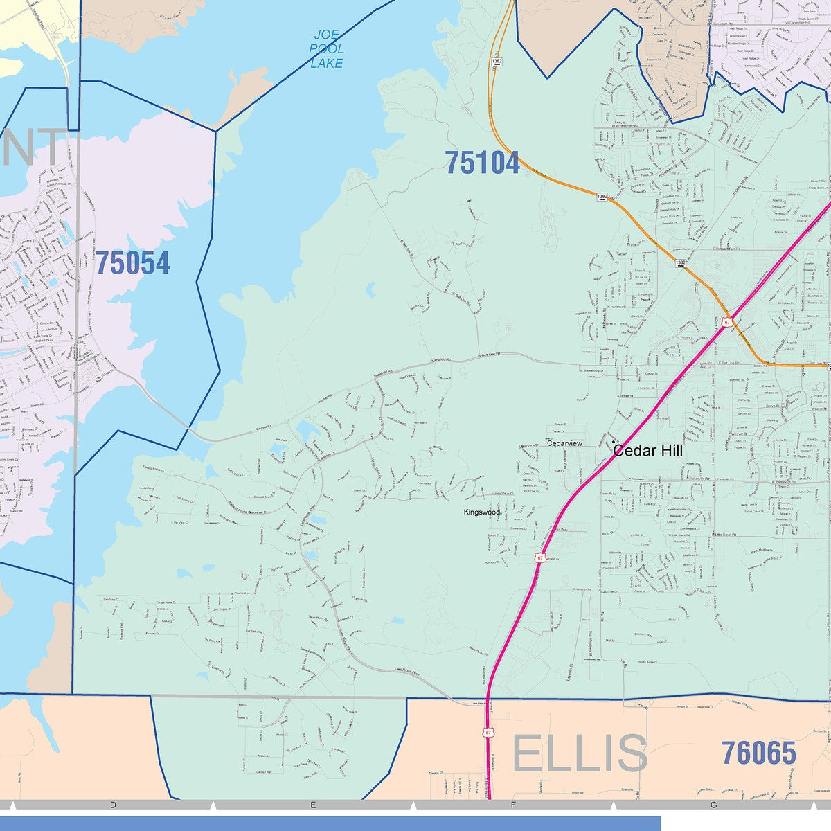 Colorcast Zip Code Style Wall Map of Grand Prairie, TX