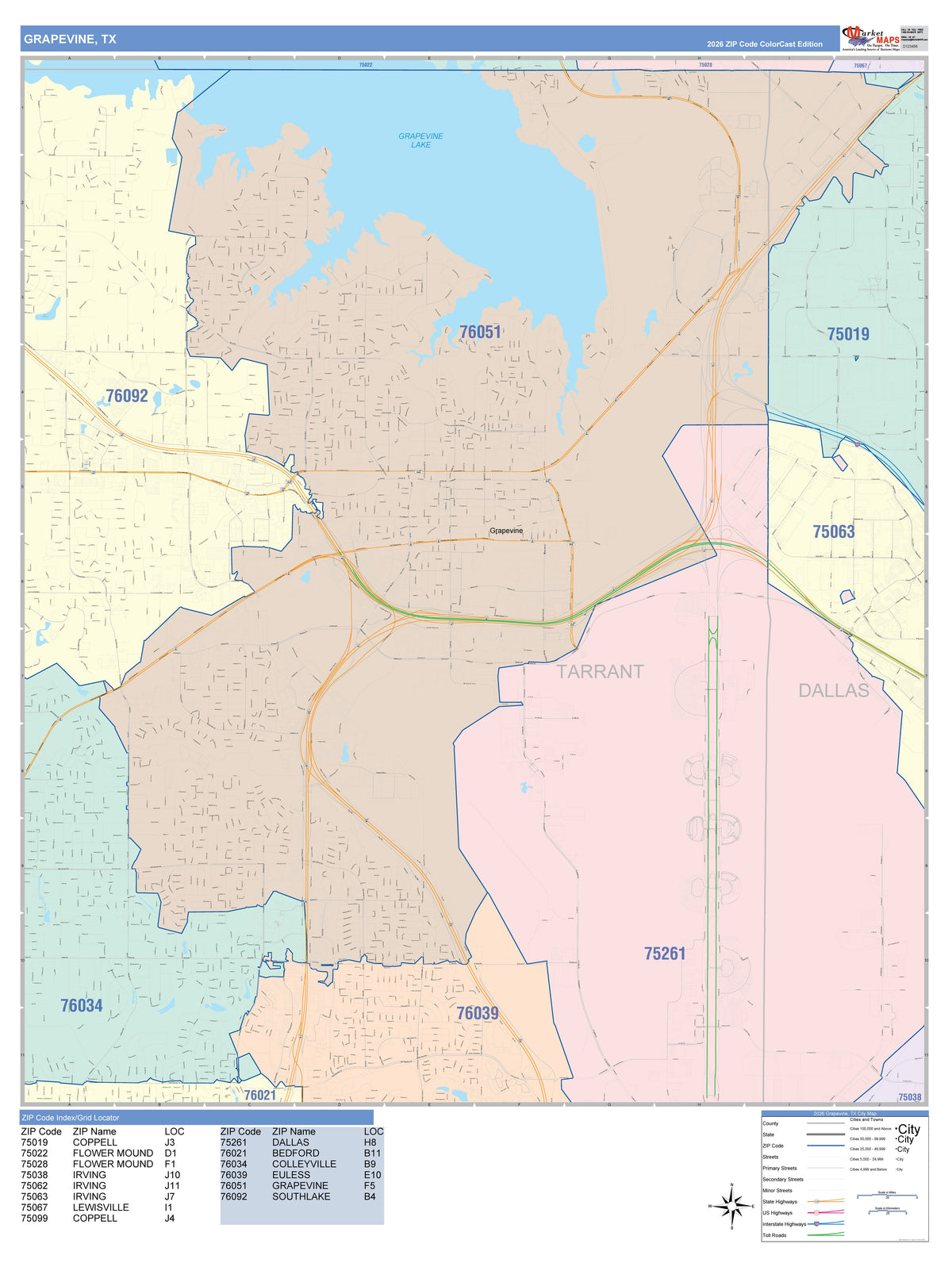 Colorcast Zip Code Style Wall Map of Grapevine, TX
