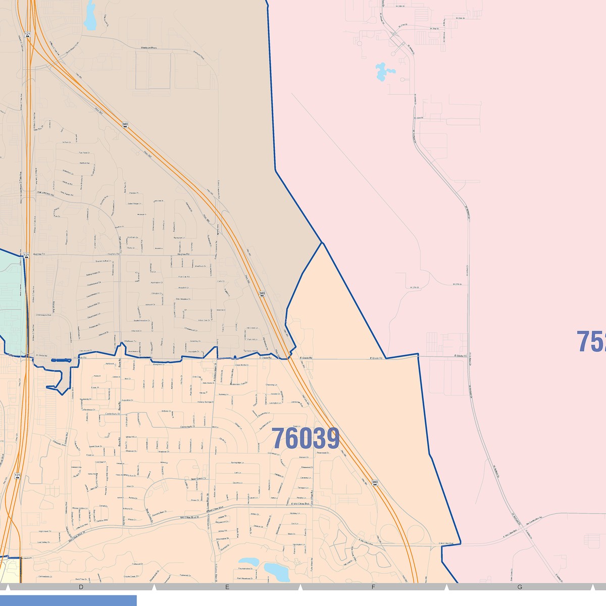 Colorcast Zip Code Style Wall Map of Grapevine, TX