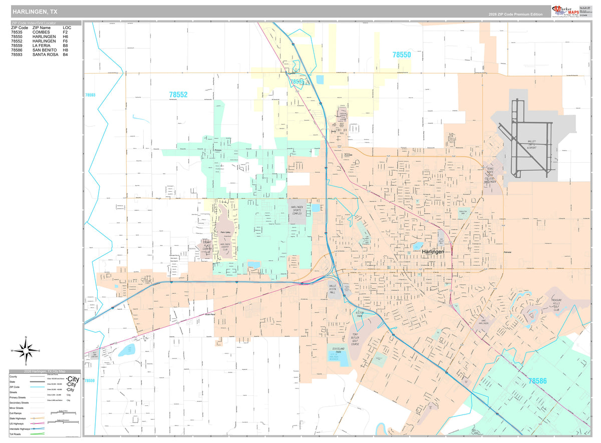 Premium Style Wall Map of Harlingen, TX