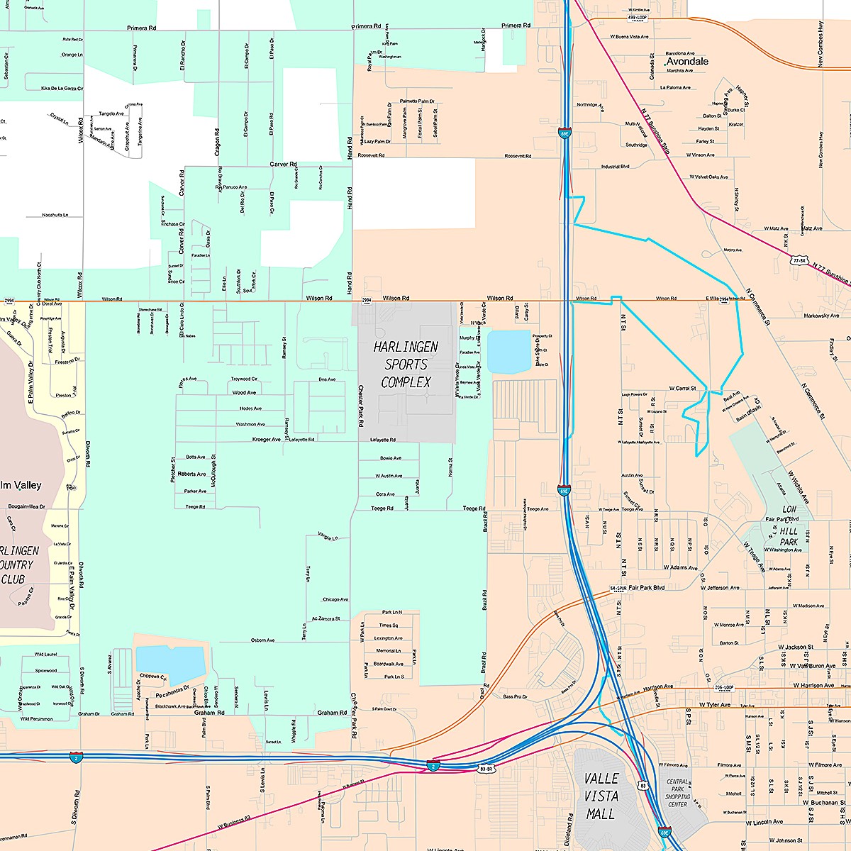Premium Style Wall Map of Harlingen, TX