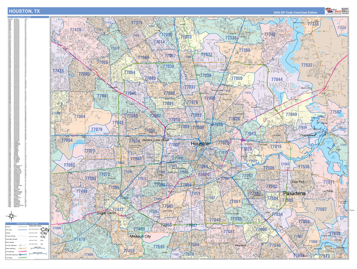 Colorcast Zip Code Style Wall Map of Houston by Market Maps