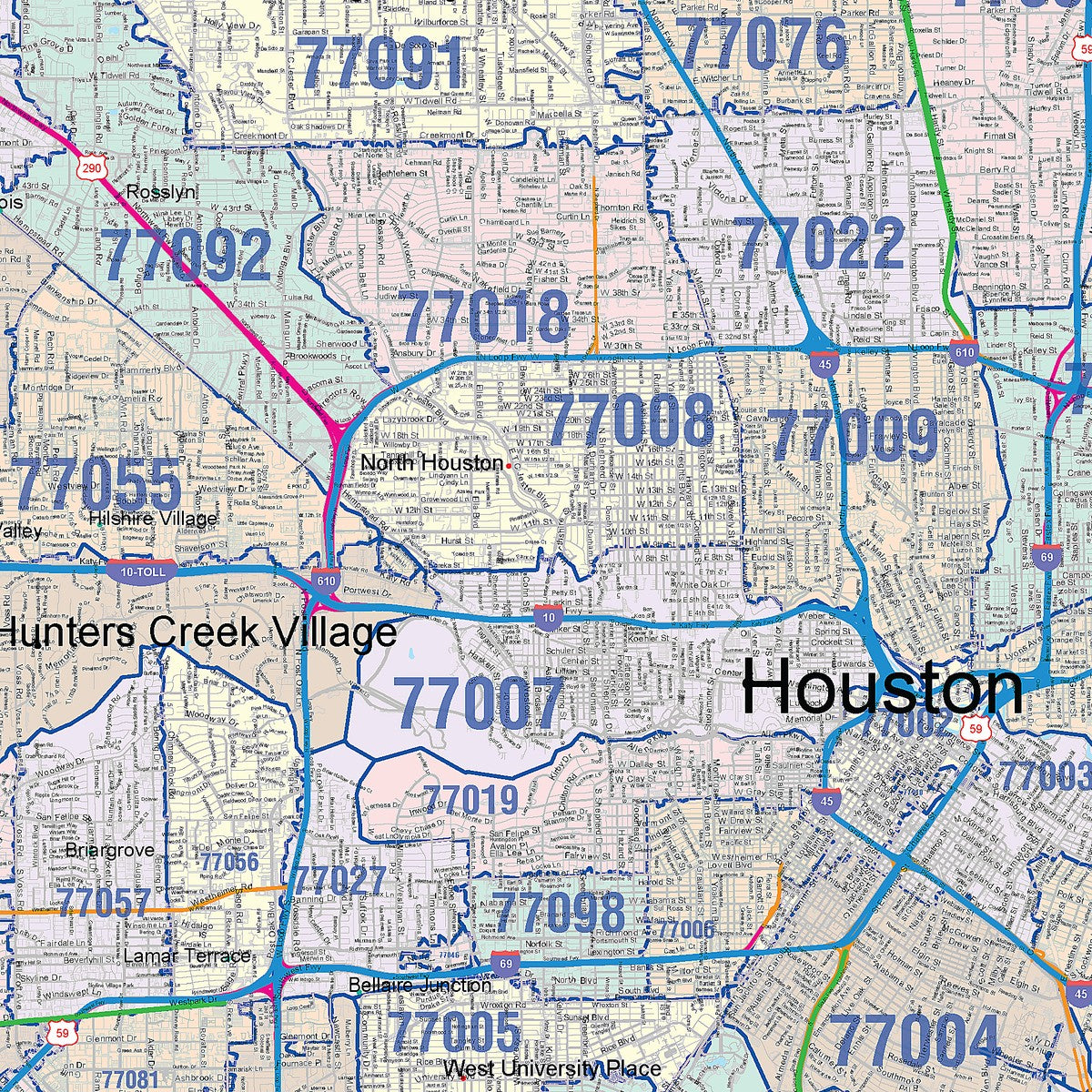 Colorcast Zip Code Style Wall Map of Houston by Market Maps