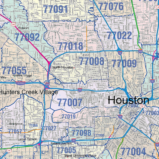 Colorcast Zip Code Style Wall Map of Houston by Market Maps