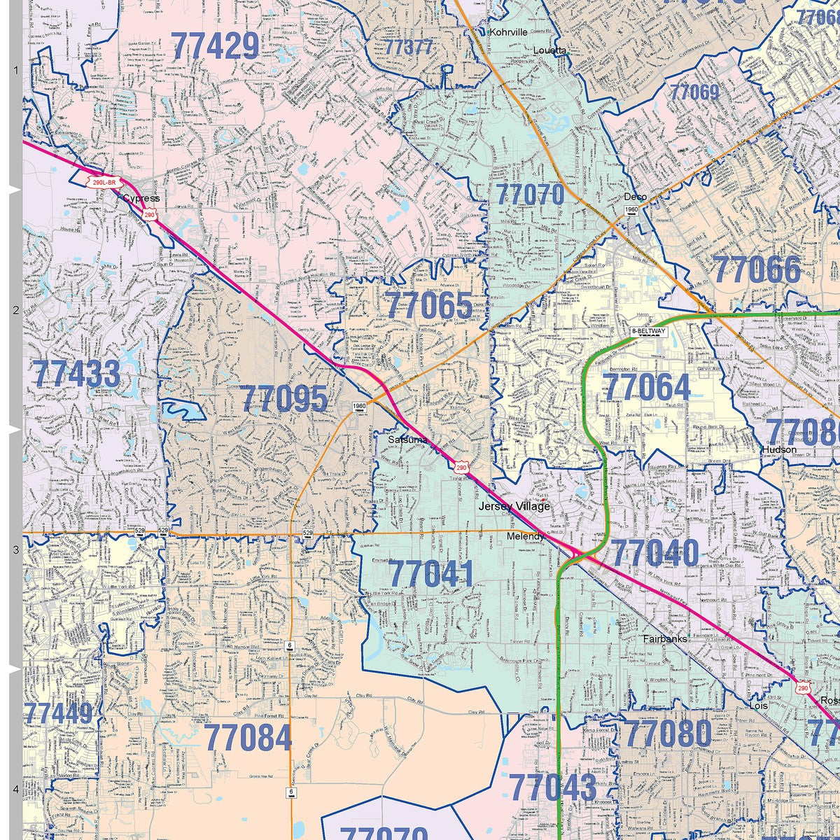 Colorcast Zip Code Style Wall Map of Houston by Market Maps