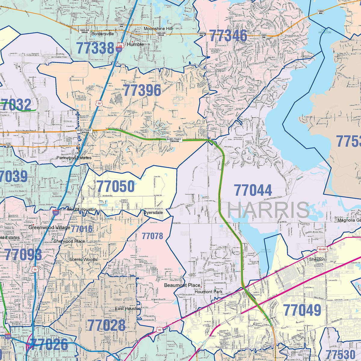 Colorcast Zip Code Style Wall Map of Houston by Market Maps