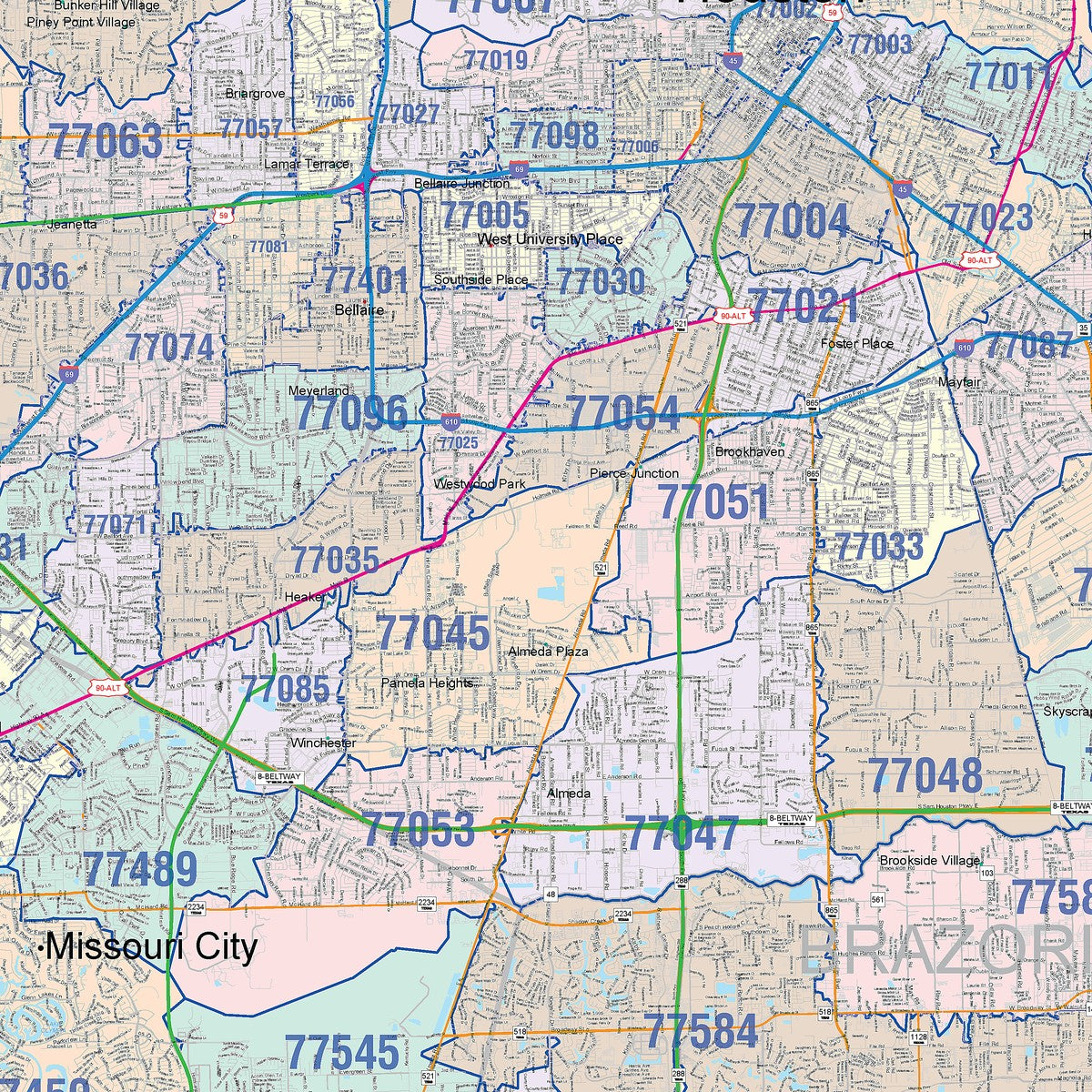 Colorcast Zip Code Style Wall Map of Houston by Market Maps