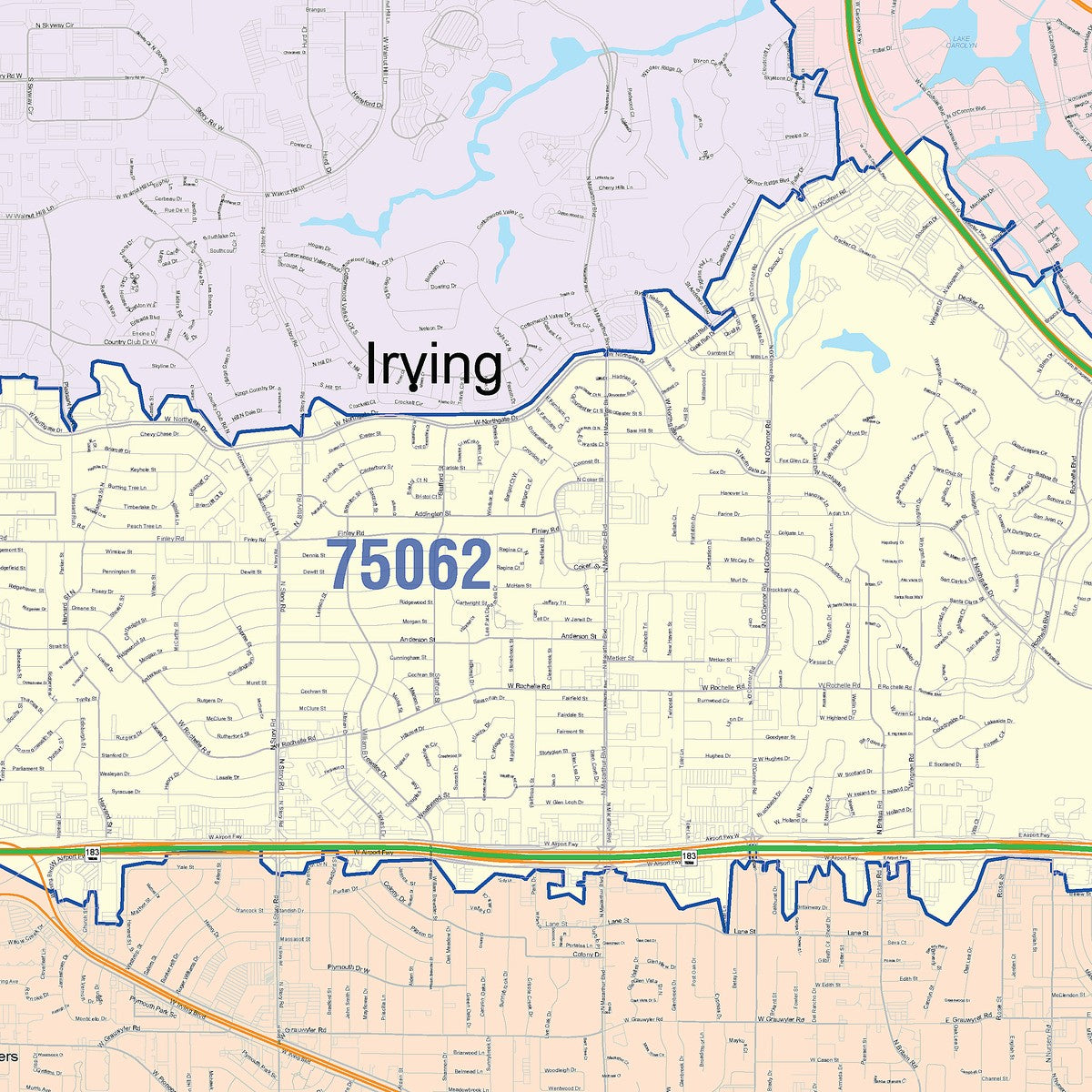 Colorcast Zip Code Style Wall Map of Irving, TX