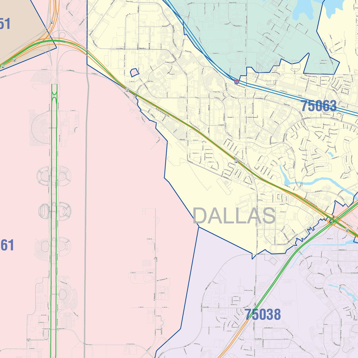 Colorcast Zip Code Style Wall Map of Irving, TX