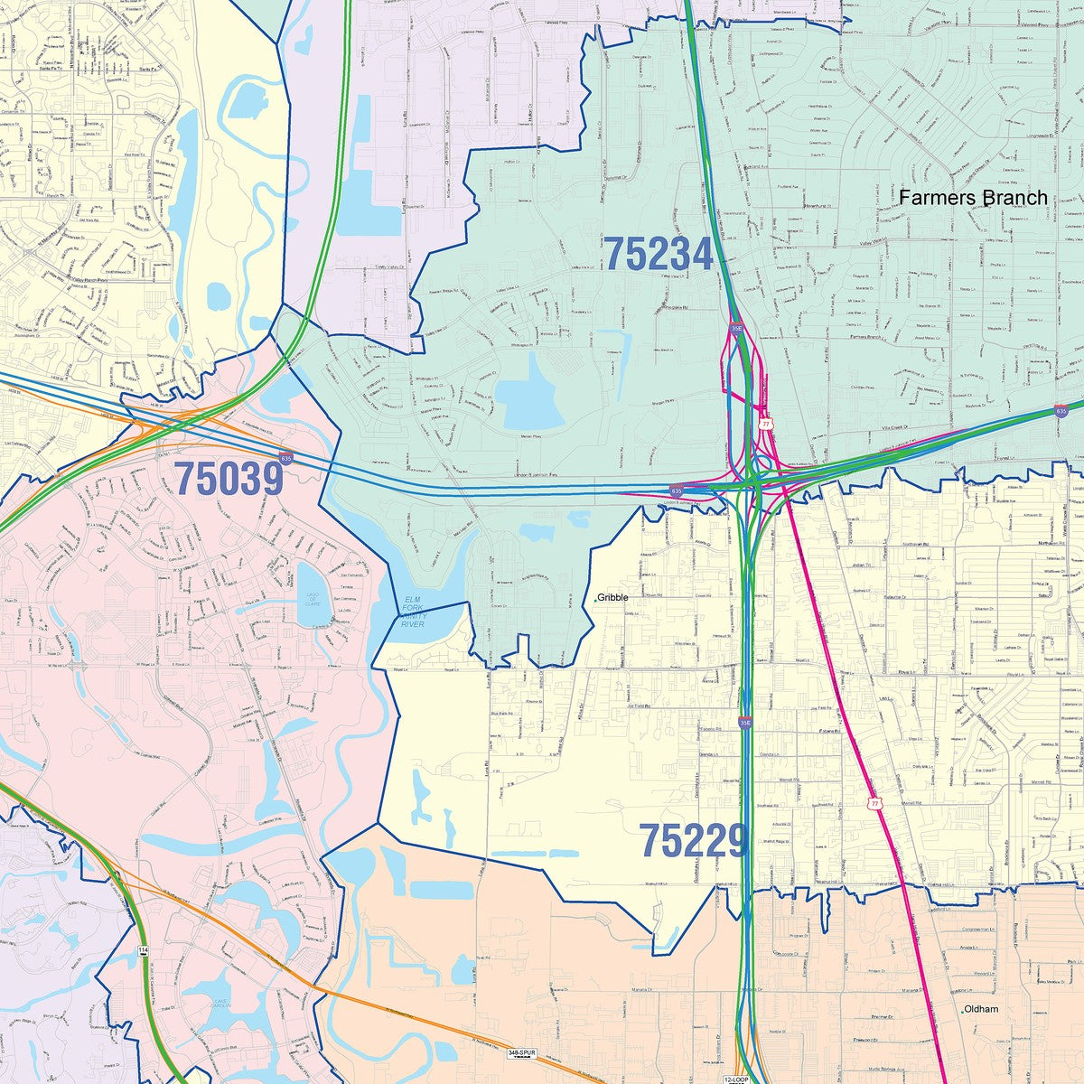 Colorcast Zip Code Style Wall Map of Irving, TX