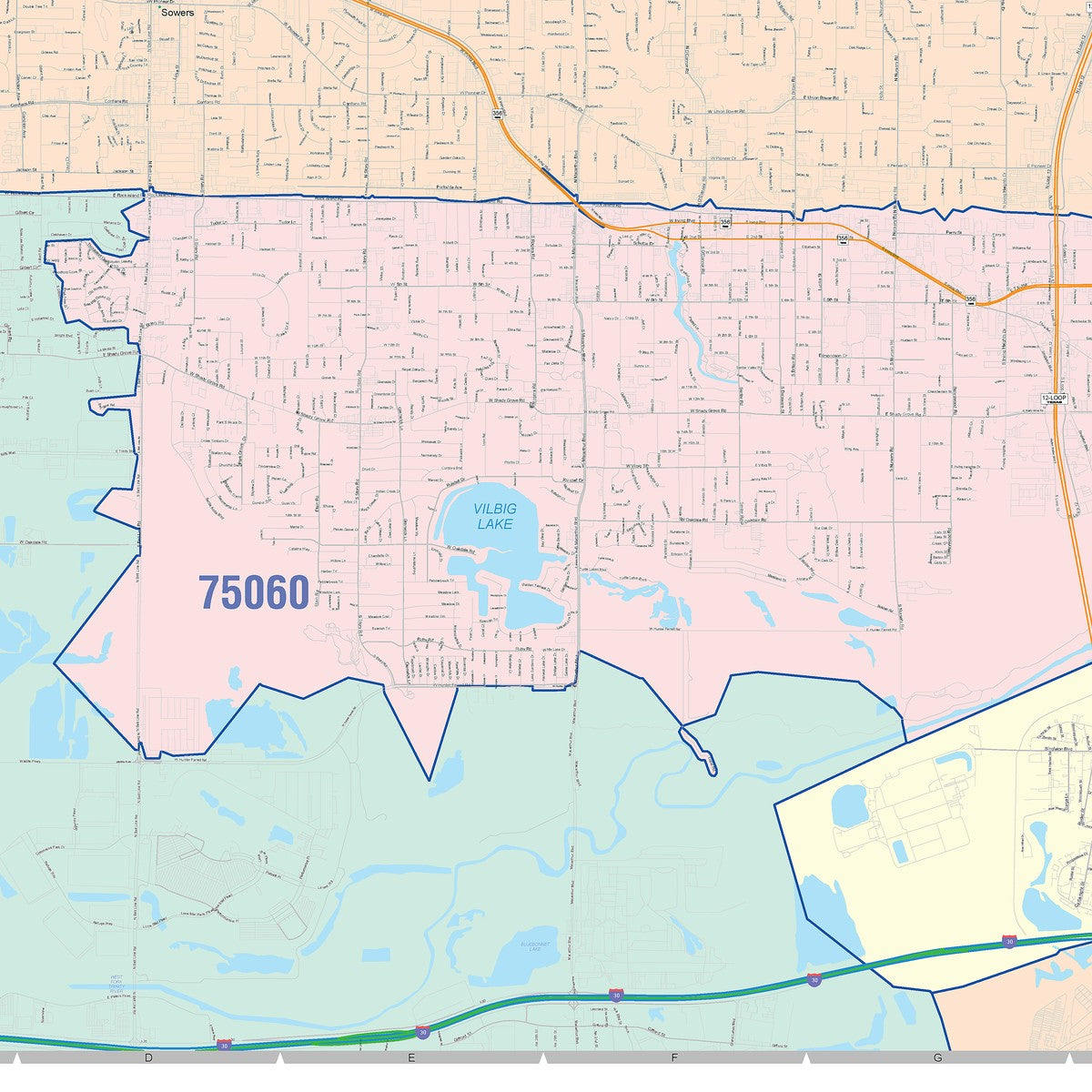Colorcast Zip Code Style Wall Map of Irving, TX