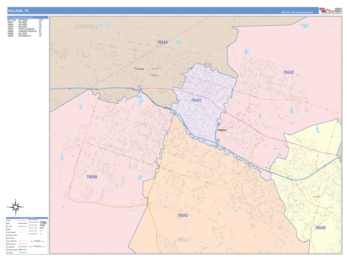 Colorcast Zip Code Style Wall Map of Killeen, TX