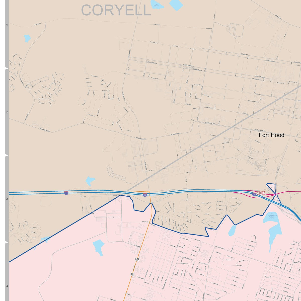 Colorcast Zip Code Style Wall Map of Killeen, TX