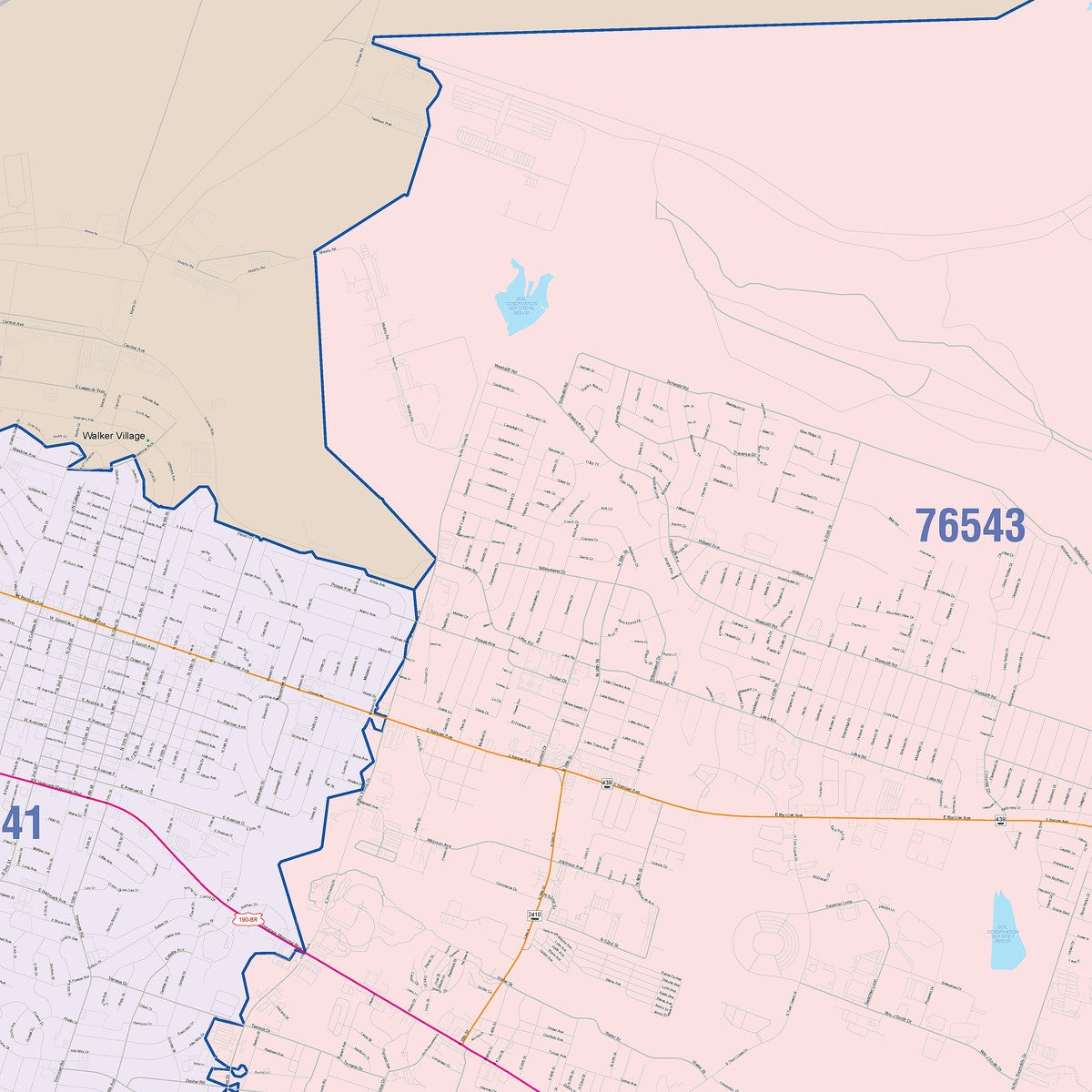Colorcast Zip Code Style Wall Map of Killeen, TX