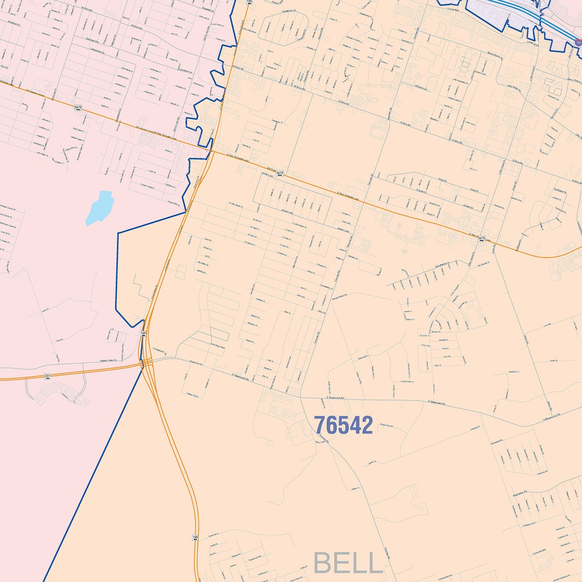 Colorcast Zip Code Style Wall Map of Killeen, TX