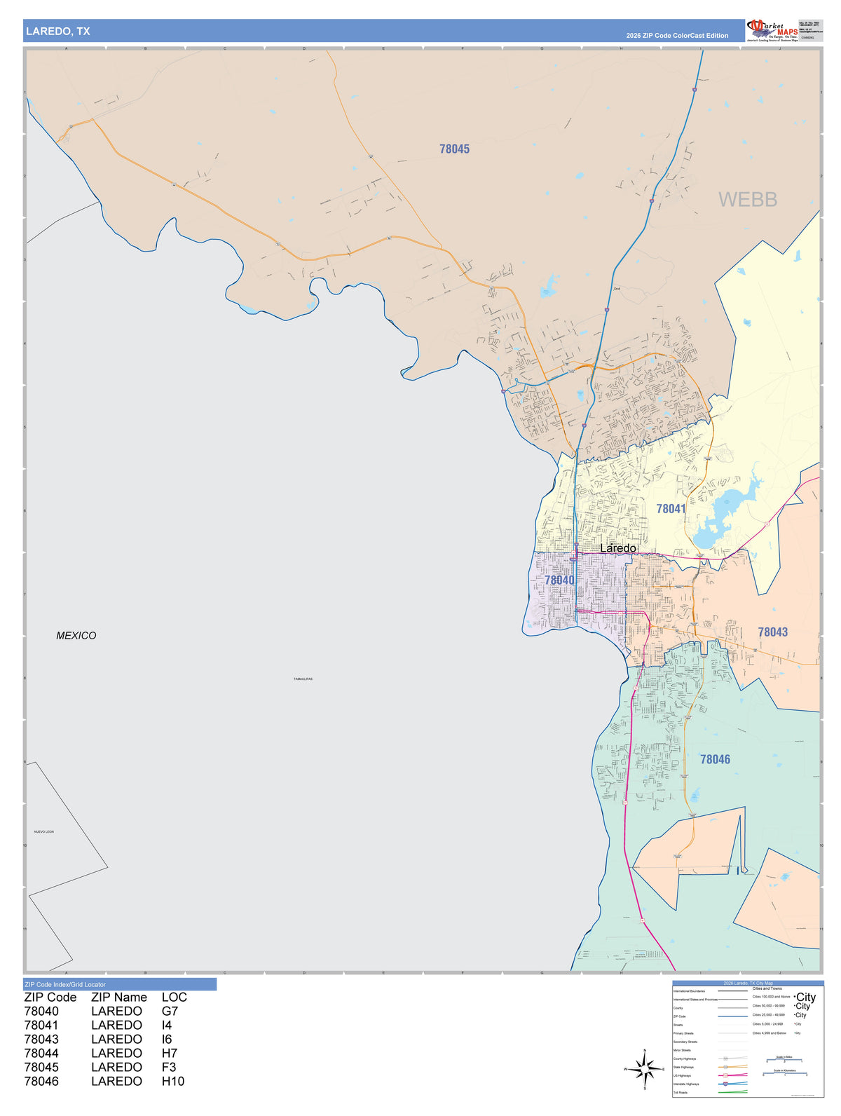 Colorcast Zip Code Style Wall Map of Laredo, TX
