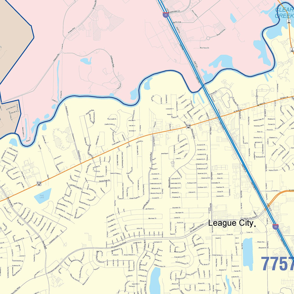 Colorcast Zip Code Style Wall Map of League City, TX