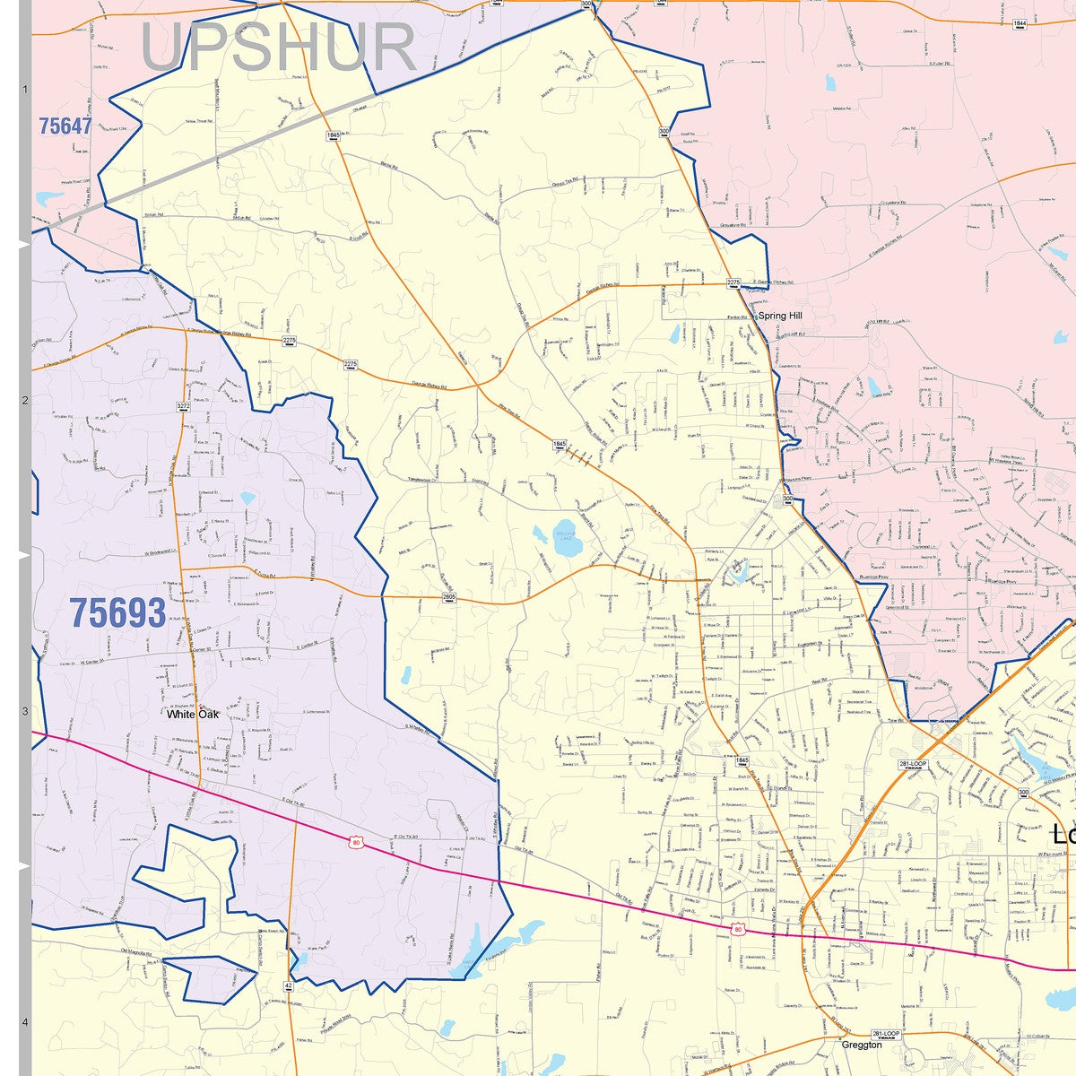 Colorcast Zip Code Style Wall Map of Longview, TX