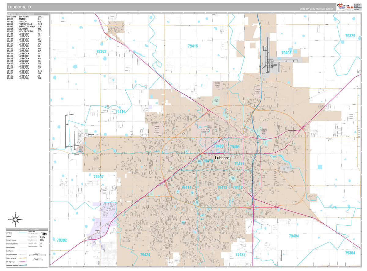 Premium Style Wall Map of Lubbock, TX