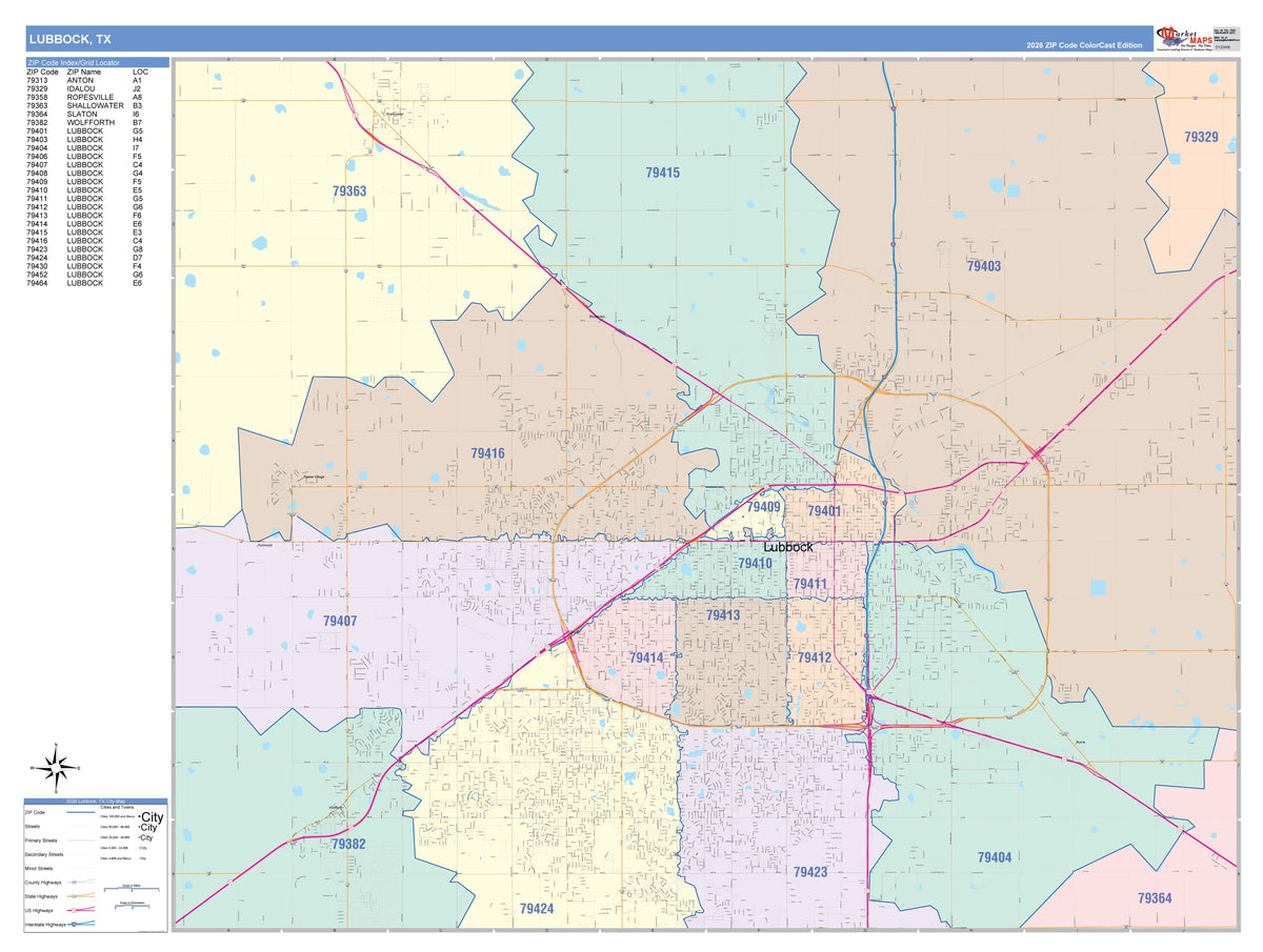 Colorcast Zip Code Style Wall Map of Lubbock, TX
